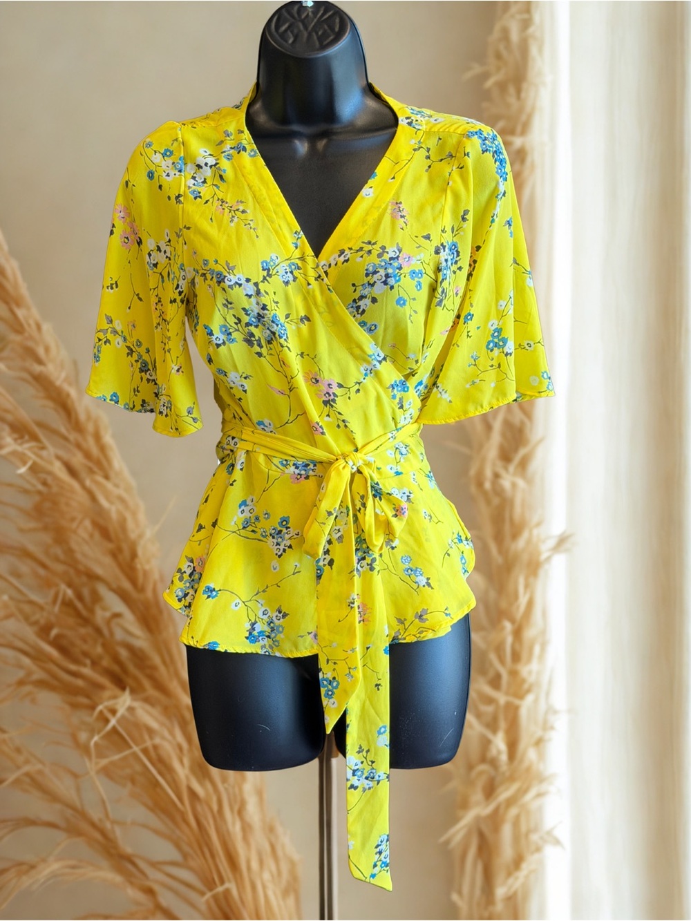 LOFT Yellow Floral Wrap Blouse with Tie